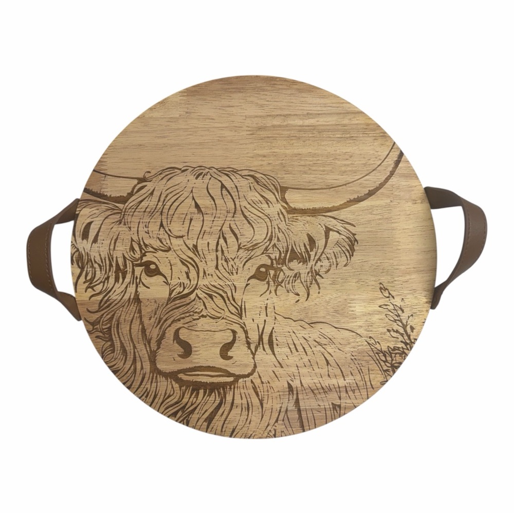Rustic Highland Cow Wooden Serving Tray with Leather Handles